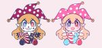  +_+ 1girl american_flag_legwear american_flag_shirt artist_name bangs blonde_hair blue_eyes blue_pants blue_shirt blue_sleeves blush chibi clownpiece collar doll dreamysuite fairy_wings hair_between_eyes hat heterochromia jester_cap long_hair long_sleeves looking_at_viewer multicolored multicolored_clothes multicolored_pants multicolored_shirt no_shoes open_mouth pants pink_background pink_headwear red_eyes red_headwear red_pants red_shirt red_sleeves shirt short_sleeves simple_background sitting smile solo star_(symbol) star_print striped striped_pants striped_shirt teeth touhou white_collar white_sleeves wings 