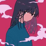  1girl bangs black_hair blue_shirt bright_pupils expressionless highres long_hair looking_at_viewer original pink_background shi_oo shirt simple_background smoke solo upper_body violet_eyes white_pupils 