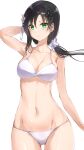  1girl assault_lily bikini black_hair breasts collarbone commentary_request cowboy_shot flower green_eyes groin hair_flower hair_ornament highres long_hair looking_at_viewer medium_breasts meen_(ouaughikepdvrsf) navel simple_background solo swimsuit wang_yujia white_background white_bikini 