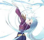  1girl ass bangs belt blue_hair bodysuit breasts eyebrows ffffcoffee gloves ice kula_diamond long_hair looking_at_viewer simple_background small_breasts the_king_of_fighters violet_eyes white_background 