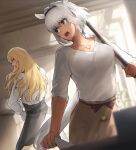  1boy 1girl apron blonde_hair blue_eyes caenis_(fate) dark-skinned_female dark_skin dutch_angle fate/grand_order fate_(series) highres holding indoors kirschtaria_wodime long_hair open_mouth ponytail sabamori tattoo white_hair 