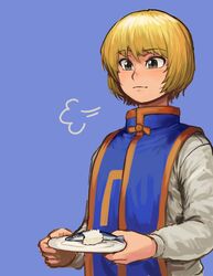  1boy absurdres bangs black_eyes blonde_hair blue_background chanta_(ayatakaoisii) eyebrows_visible_through_hair fish food highres holding holding_plate hunter_x_hunter kurapika long_sleeves plate short_hair simple_background smile solo 