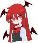  1girl bat_wings black_vest bow bowtie collared_shirt demon_girl demon_wings head_wings highres koakuma long_hair long_sleeves op_na_yarou red_eyes red_neckwear redhead shirt touhou vest white_shirt wings 