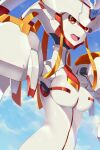  1girl armor blue_sky breasts clouds darling_in_the_franxx day highres humanization humanoid_robot mecha medium_breasts no_humans open_mouth orange_eyes robot sgt-jz sky solo strelizia white_armor 
