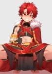  1boy alexander_(fate) blush braid fate/grand_order fate_(series) grin hair_between_eyes highres jjw1029 long_hair looking_at_viewer male_focus midriff navel red_eyes redhead simple_background single_braid smile solo squatting white_background 