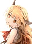  1girl bangs bare_shoulders bloom breasts commentary_request cravat expressionless eyebrows_visible_through_hair from_side head_tilt highres horns ibuki_suika long_hair looking_at_viewer looking_to_the_side oni_horns orange_eyes orange_hair parted_lips red_neckwear shimoda_masaya simple_background small_breasts solo torn_clothes touhou upper_body white_background 