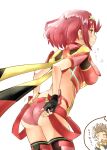  1girl bangs black_gloves breasts earrings fingerless_gloves gloves highres jewelry large_breasts pyra_(xenoblade) red_eyes red_legwear red_shorts redhead rex_(xenoblade) shiroxai short_hair short_shorts shorts swept_bangs thigh-highs tiara xenoblade_chronicles_(series) xenoblade_chronicles_2 