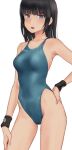  1girl bangs bare_shoulders black_hair blue_eyes blue_swimsuit blush breasts collarbone highleg highleg_swimsuit long_hair looking_at_viewer medium_breasts one-piece_swimsuit open_mouth original solo swimsuit thighs wa_(genryusui) wristband 