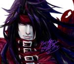  1boy black_hair buckle cloak final_fantasy final_fantasy_vii headband hidden_eyes kuroto0101 long_hair looking_at_viewer messy_hair pale_skin red_cloak red_eyes red_headband vincent_valentine 