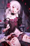  1girl absurdres bangs bare_legs barefoot blood blood_on_face blush breasts chiyuu_(virtuareal) choker devil_heavens dress gothic_lolita hair_ornament heart heart-shaped_pupils highres indoors knife lolita_fashion medium_hair nijisanji on_bed open_mouth petals red_eyes silver_hair sitting small_breasts solo symbol-shaped_pupils virtual_youtuber virtuareal wariza window 