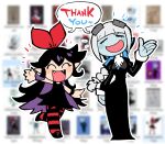  2girls :d bangs black_dress black_hair blue_skin blunt_bangs blurry blurry_background blush_stickers bow closed_eyes colored_inner_hair colored_skin depth_of_field dress facing_viewer fangs flora_(rariatto) hair_bow hand_up highres juliet_sleeves long_dress long_hair long_sleeves multicolored_hair multiple_girls open_mouth original outline pantyhose pointy_ears puffy_sleeves purple_hair rariatto_(ganguri) red_bow red_legwear smile standing standing_on_one_leg striped striped_legwear thank_you very_long_hair waving white_hair white_outline wristband zakuro_(rariatto) 