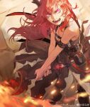  angry arknights artist_request bare_shoulders chest_strap demon_girl demon_horns fire glowing glowing_eyes horns image_sample redhead surtr_(arknights) sword violet_eyes weapon weibo_sample 