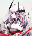  1girl arknights bangs bare_shoulders blush demon_girl demon_horns eyebrows_visible_through_hair horns medium_hair mudrock_(arknights) off_shoulder parted_lips piercing pointy_ears red_eyes solo sweat uawa white_hair 