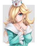  1girl blonde_hair blue_dress blue_eyes border breasts closed_mouth collarbone crown dress earrings grey_background hair_over_one_eye holding holding_wand jewelry long_hair long_sleeves looking_at_viewer super_mario_bros. medium_breasts outside_border rosalina shiny shiny_hair simple_background solo star_(symbol) star_earrings super_mario_galaxy ten_(tenchan_man) upper_body very_long_hair wand white_border 