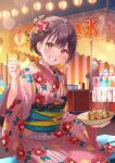  1girl bangs blush braid brown_eyes brown_hair cowboy_shot eyebrows_behind_hair floral_print food food_stand french_braid fukahire_(ruinon) grin hair_ornament hair_ribbon hairpin highres japanese_clothes original ribbon smile sorai_mahiru_(fukahire) 