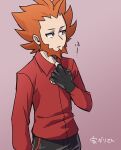  1boy beard black_gloves blue_eyes chacha_(ss_5087) collared_shirt commentary_request facial_hair fingerless_gloves gloves hand_up long_sleeves lysandre_(pokemon) male_focus orange_hair pants parted_lips pokemon pokemon_(game) pokemon_xy red_shirt shirt shirt_tug solo spiky_hair team_flare translation_request 