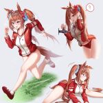  1girl ? animal_ears blush bow bratja brown_hair buruma daiwa_scarlet_(umamusume) faucet hair_between_eyes hair_bow highres horse_ears horse_girl horse_tail jacket long_hair multiple_views open_mouth red_bow red_buruma red_eyes red_jacket running spoken_question_mark stretch sweat tail tiara track_jacket twintails two-tone_jacket umamusume very_long_hair water white_jacket 