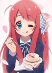  1girl ;p absurdres ahoge bangs blue_eyes blue_ribbon blush bow breasts cake cherry_blossoms eyebrows_visible_through_hair food fork highres holding holding_food holding_fork holding_plate long_hair looking_at_viewer minamoto_sakura one_eye_closed pink_ribbon plate polka_dot polka_dot_ribbon redhead ribbon school_uniform simple_background solo springshark324 striped striped_bow tongue tongue_out white_background zombie_land_saga 