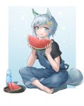  1girl :t absurdres animal_ears bangs barefoot bite_mark black_shirt blue_eyes blue_hair blue_overalls blush bottle chinese_commentary closed_mouth commentary_request ear_covers eating flower food food_on_face fruit full_body hair_flower hair_ornament highres holding holding_food holding_fruit horse_ears horse_girl horse_tail indian_style joeychen looking_at_viewer overalls seiun_sky_(umamusume) shirt short_hair short_sleeves sitting solo tail two-tone_background umamusume watermelon watermelon_slice 