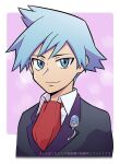  1boy bangs black_jacket blue_eyes blue_hair border chacha_(ss_5087) closed_mouth collared_shirt commentary_request jacket looking_at_viewer male_focus necktie outside_border pokemon pokemon_(game) pokemon_oras red_neckwear shirt short_hair smile solo spiky_hair steven_stone translation_request upper_body white_border white_shirt 