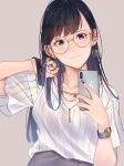  1girl adjusting_hair bangs black_hair blush closed_mouth earrings glasses grey_skirt hand_up highres holding holding_phone jewelry long_hair looking_at_viewer mole mole_under_eye nail_polish necklace office_lady original phone saitou_(lynx-shrike) shirt short_sleeves simple_background skirt solo violet_eyes watch white_shirt 