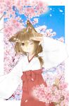  1girl animal_ears cherry_blossoms hakama highres japanese_clothes miko one_eye_closed red_hakama tail wide_sleeves 