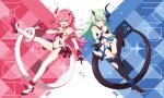 2girls :d bangs bare_shoulders black_footwear black_gloves blue_eyes blue_hair boots full_body gloves hair_between_eyes hair_ornament highres honkai_(series) honkai_impact_3rd horns liliya_olenyeva long_hair long_tail multiple_girls navel open_mouth pink_hair rozaliya_olenyeva single_glove single_horn sizque smile tail thigh-highs thigh_boots white_footwear