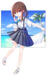  :o bangs blue_neckwear blue_skirt brown_hair collared_shirt commentary_request day dress_shirt eyebrows_visible_through_hair full_body hair_between_eyes holding long_hair looking_at_viewer open_mouth original palm_tree pleated_skirt ponytail sandals shiho_(yuuhagi_(amaretto-no-natsu)) shirt short_sleeves skirt standing standing_on_one_leg suspender_skirt suspenders tree violet_eyes white_footwear white_shirt yuuhagi_(amaretto-no-natsu) 