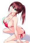  1girl bikini blush breasts brown_hair chinatsu_(suzutsuki_kurara) green_eyes hair_ornament hair_ribbon hairclip highres large_breasts long_hair looking_at_viewer original ponytail red_bikini ribbon side-tie_bikini smile suzutsuki_kurara swimsuit teeth 