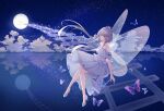  1girl absurdres fairy_wings green_eyes high_heels highres long_hair luo_tianyi moon morimori_(14292311) night night_sky open_mouth silver_hair sky smile solo very_long_hair vocaloid wings 