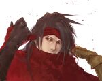  1boy black_hair clawed_gauntlets cloak final_fantasy final_fantasy_vii gloves headband hidden_mouth long_hair looking_to_the_side messy_hair pale_skin red_cloak red_eyes red_headband user_genp7735 vincent_valentine 
