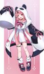  1girl :d animal_ears animal_hood arm_up black_footwear bow commentary_request fake_animal_ears hair_ornament heart highres hood hood_up jacket long_sleeves looking_at_viewer loose_socks nijisanji open_mouth panda_ears panda_hood pink_hair pink_sailor_collar pleated_skirt red_bow red_eyes sailor_collar sasaki_saku shirt shoes skirt sleeves_past_fingers sleeves_past_wrists smile socks solo soranakidayo striped striped_bow virtual_youtuber white_jacket white_legwear white_shirt white_skirt x_hair_ornament 