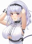  1girl apron armpits azur_lane black_headwear black_skirt breasts center_frills clothing_cutout dido_(azur_lane) earrings eyebrows_visible_through_hair frilled_shirt frills hairband hands_in_hair highres huge_breasts jewelry long_hair looking_at_viewer red_eyes shirt simple_background skindentation skirt sleeveless sleeveless_shirt solo thigh-highs under_boob underboob_cutout waist_apron wejil white_apron white_background white_legwear white_shirt 