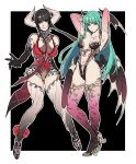  2girls absurdres alternate_costume alternate_legwear armpits arms_behind_head arms_up bat black_gloves black_hair breasts chain chest_tattoo clothing_cutout crossover demon_girl demon_horns elbow_gloves eliza_(tekken) english_commentary eyebrows_visible_through_hair full_body gloves green_eyes green_hair hanny_(uirusu_chan) head_wings high_heels highres horns leotard long_hair low_wings medium_breasts morrigan_aensland multicolored_hair multiple_girls navel navel_cutout pink_gloves pink_legwear print_legwear purple_lips red_leotard redesign redhead revealing_clothes short_hair_with_long_locks tattoo tekken tekken_7 thigh-highs trait_connection two-tone_hair vampire vampire_(game) white_legwear wings yellow_eyes 