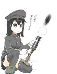  1girl akitsu_maru_(kancolle) bangs black_hair black_legwear black_skirt breasts closed_mouth ebifly eyebrows_visible_through_hair firing gloves grey_headwear hair_between_eyes hat kantai_collection knee_mortar long_hair long_sleeves military military_uniform peaked_cap pleated_skirt simple_background skirt solo thigh-highs translation_request uniform weapon weapon_request white_background white_gloves 