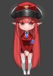  1girl absurdres armband blue_neckwear blush chibi closed_mouth collared_shirt demon_horns garter_straps grey_background hat highres horns jacket long_hair looking_at_viewer miniskirt necktie original own_hands_together pencil_skirt pointy_ears red_eyes red_footwear red_headwear red_jacket red_skirt redhead rktlek159 shirt shoes simple_background skirt solo standing thigh-highs v_arms very_long_hair white_legwear white_shirt wing_collar 