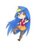  1girl arcana_heart bangs black_legwear blue_hair brown_footwear chibi collared_shirt eyebrows_visible_through_hair hairband long_hair looking_at_viewer misono_gakuen_school_uniform necktie open_mouth orange_eyes orange_skirt pecka pleated_skirt red_neckwear red_vest school_uniform shirt short_sleeves simple_background skirt solo tsuzura_saki v-shaped_eyebrows very_long_hair vest white_background white_shirt wristband yellow_hairband 