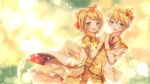  1boy 1girl :d bangs blonde_hair blurry blurry_background blush brown_pants coat commentary_request dress eyebrows_visible_through_hair gem green_eyes headset highres holding_hands kagamine_len kagamine_rin looking_at_viewer open_mouth pants short_hair smile vocaloid white_coat white_dress yuduki 