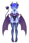  1girl ass_visible_through_thighs bare_shoulders black_sclera blue_hair blue_skin breasts choker colored_sclera colored_skin covered_navel demon_girl demon_horns demon_tail demon_wings earrings full_body gloves hair_over_one_eye high_heels highres horns huge_breasts indie_virtual_youtuber jewelry leotard looking_at_viewer mimizu_(tokagex) open_mouth orange_eyes pointy_ears shigarami_imu sleeveless solo strapless strapless_leotard tail teeth thigh-highs tongue transparent_background virtual_youtuber wings 