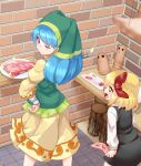  +_+ 2girls apron araki_(qbthgry) arm_ribbon bangs black_dress blonde_hair blue_hair blue_ribbon closed_mouth dress eyebrows_visible_through_hair floor food green_apron green_headwear hair_between_eyes hair_ribbon hand_on_hip hand_up haniwa_(statue) haniyasushin_keiki highres knife long_hair long_sleeves looking_at_another meat multiple_girls one_eye_closed open_mouth plate red_eyes red_ribbon ribbon rumia short_hair smile standing star_(symbol) table touhou violet_eyes wall white_sleeves yellow_dress yellow_sleeves 