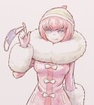  1girl :q andou_ruruka bangs blush_stickers bow breasts commentary_request dangan_ronpa_(series) dangan_ronpa_3_(anime) fur-trimmed_jacket fur_trim grey_background grey_eyes hat holding holding_mask jacket large_breasts long_sleeves looking_at_viewer mask mask_removed mouth_mask namu_(nurui_cha) pink_hair pink_jacket shiny shiny_hair short_hair simple_background smile solo tongue tongue_out upper_body white_bow 