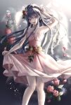  1girl :d bangs bare_arms bare_shoulders blue_eyes blue_hair dangan_ronpa:_trigger_happy_havoc dangan_ronpa_(series) dangan_ronpa_10th_anniversary_costume dress feet_out_of_frame flower gradient gradient_background grey_background hair_flower hair_ornament hairclip hand_in_hair hand_up highres long_hair looking_at_viewer maizono_sayaka official_alternate_costume open_mouth pantyhose petals ponytail red_flower school_uniform smile solo white_legwear z-epto_(chat-noir86) 