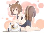  1girl animal_ear_fluff animal_ears arknights baigao barefoot black_shorts black_tank_top brown_eyes brown_hair chinese_commentary commentary_request headwear_removed helmet kneeling leaning_forward midriff navel shaw_(arknights) short_hair shorts smile solo squirrel_ears squirrel_girl squirrel_tail tail tank_top 