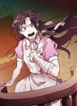  1girl apron bambi_(bam7752) bandaged_arm bandages bangs brown_eyes commentary_request dangan_ronpa_(series) dangan_ronpa_2:_goodbye_despair floating_hair hand_up indoors long_hair looking_at_viewer mole mole_under_eye open_mouth pink_shirt pointing pointing_at_self print_apron puffy_short_sleeves puffy_sleeves purple_hair shirt short_sleeves skirt solo standing thigh-highs tsumiki_mikan white_apron 