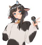  1girl animal_ears bangs beijuu bell black_choker black_hair blue_eyes choker copyright_request cow_ears cow_horns grin holding holding_microphone horns looking_at_viewer microphone neck_bell shiny shiny_hair short_hair short_hair_with_long_locks simple_background sleeves_past_wrists smile solo upper_body white_background 