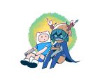  1boy 1girl adventure_time antlers blonde_hair blue_shirt blue_shorts boots closed_mouth colored_sclera colored_skin domino_mask finn_the_human gloves green_eyes green_hair green_sclera green_skin hat highres huntress_wizard leaf looking_at_another mask mechanical_arms plant_hair rariatto_(ganguri) shirt shorts simple_background single_glove single_mechanical_arm sitting slit_pupils smile 
