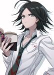  1boy ahoge bangs black_hair book breast_pocket brown_hair closed_mouth collarbone collared_shirt commentary_request dangan_ronpa/zero dangan_ronpa_(series) grey_eyes haizai hand_up highres holding holding_book long_sleeves looking_at_viewer male_focus matsuda_yasuke necktie open_book parted_bangs pocket shirt simple_background solo striped twitter_username upper_body white_background white_shirt 