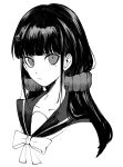  1girl bangs blunt_bangs bojue_(hakus_1128) bow closed_mouth collarbone commentary cropped_shoulders dangan_ronpa_(series) dangan_ronpa_v3:_killing_harmony greyscale hair_ornament hair_scrunchie hairclip harukawa_maki highres long_hair looking_at_viewer low_twintails mole mole_under_eye monochrome sailor_collar scrunchie simple_background solo twintails upper_body white_background 