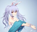  1girl animal_ears bare_shoulders brown_eyes colorized jewelry light_blue_hair long_hair looking_at_viewer murata_tefu rabbit_ears simple_background smile solo teeth twintails 