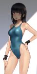 1girl bangs bare_shoulders black_hair blue_eyes blue_swimsuit blush breasts collarbone highleg highleg_swimsuit highres long_hair looking_at_viewer medium_breasts one-piece_swimsuit open_mouth original solo swimsuit thighs wa_(genryusui) wristband 
